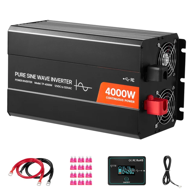 Alt view image 9 of 9 - VEVOR 4000W Power Inverter, 12V DC to 120V AC Pure Sine Wave Inverter, Solar Car Charger Converter with LCD Display, Remote Control, 2 USB Ports, 4 AC Outlets, Type-C Port, for RV, Truck Outdoor