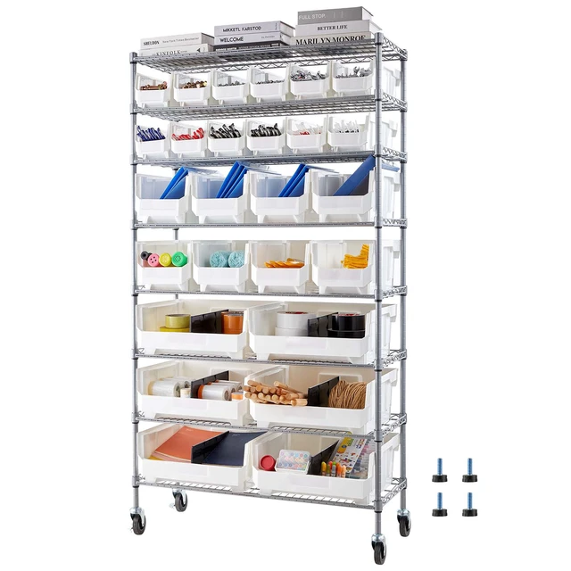 Alt view image 2 of 2 - Vevor 8-Tier Rolling Bin Storage Rack, 26 Organizer Bins, Bin Rack Storage Steel Wire Shelving System with Wheels, Mobile Tool Organizer for Garage, Warehouse, Office, Restaurant, Classroom, Kitchen