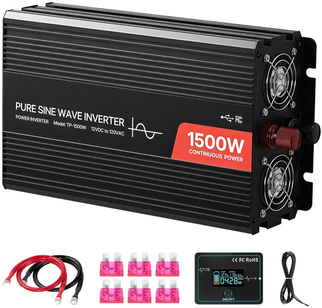 Alt view image 9 of 9 - VEVOR 1500W Power Inverter, 12V DC to 120V AC Pure Sine Wave Inverter, Car Charger Converter with Remote Control, USB & Type-C Ports, 4 AC Outlets, Fast-charging for RV, Truck Outdoor Camping