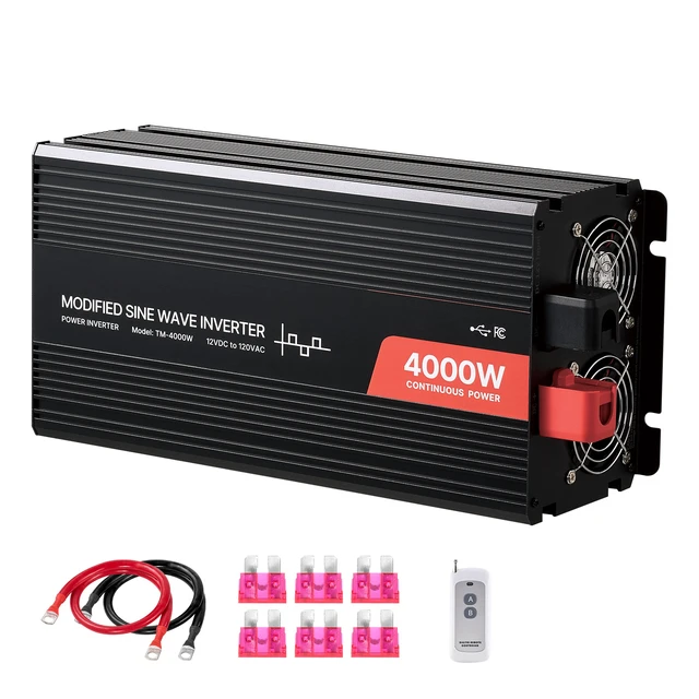 Alt view image 9 of 9 - VEVOR 4000W Power Inverter, 12V DC to 120V AC Modified Sine Wave Inverter, Solar Car Charger Converter with LCD Display, Remote Control, 2 USB Ports, 4 AC Outlets, Type-C Port, for RV, Truck Outdoor