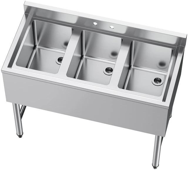 Alt view image 8 of 8 - VEVOR 3 Compartment Sink, 18-Gauge 304 Stainless Steel, 10" x 14" x 10" Bowl Size, 3 Bay Commercial Under Bar Sink with Backsplash and Efficient Drainage for Kitchen, Restaurant, Food Truck & Home Use
