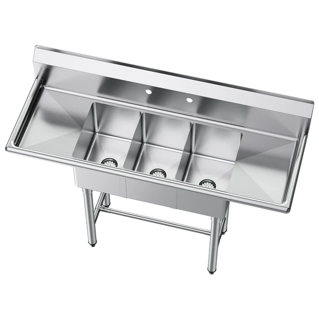 Alt view image 2 of 2 - Vevor 3 Compartment Sink, 18-Gauge 304 Stainless Steel, 10" x 14" x 10" Bowl Size, 3 Bay Commercial Kitchen Prep & Utility Sink with 2 Drainboards and Backsplash for Restaurant, Food Truck & Home Use