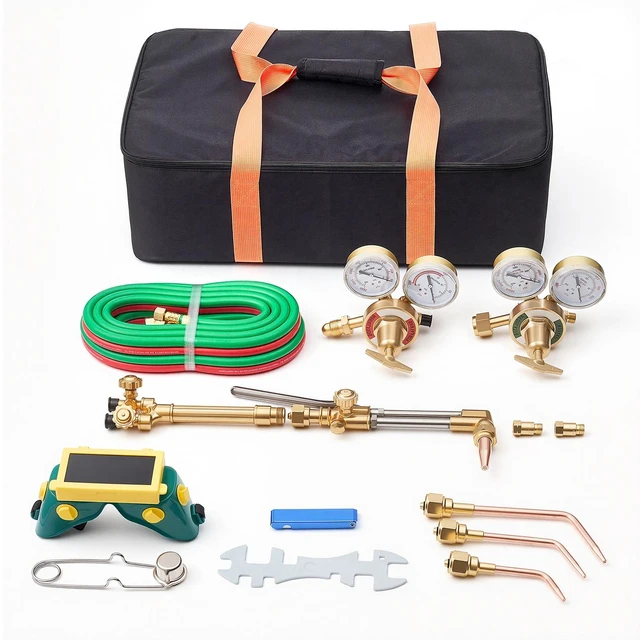 Main image of VEVOR Oxygen Acetylene Torch Kit with Check Valves, Gas Welding Cutting Torch Kit, Heavy Duty Oxy Acetylene Brazing Set with 15FT Twin-Hose, 1 Cutting Tip, 3 Welding Tips, 2 Gas Regulators & Tool Bag