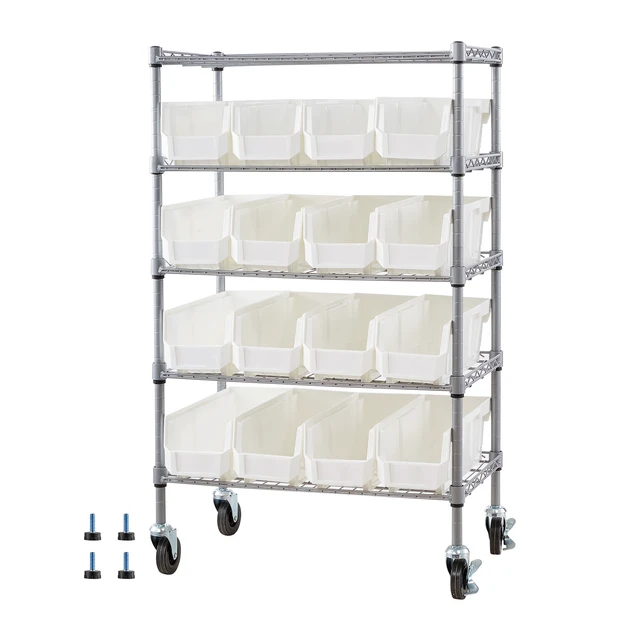 Alt view image 9 of 9 - 5-Tier Rolling Bin Storage Rack, 16 Organizer Bins, Bin Rack Storage Steel Wire Shelving System with Wheels, Mobile Tool Organizer for Garage, Warehouse, Office, Restaurant, Classroom, Kitchen