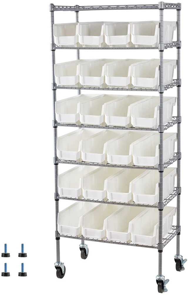 Alt view image 9 of 9 - 7-Tier Rolling Bin Storage Rack, 24 Small Bins, Bin Rack Storage Steel Wire Shelving System with Wheels, Mobile Tool Organizer for Garage, Warehouse, Office, Restaurant, Classroom, Kitchen
