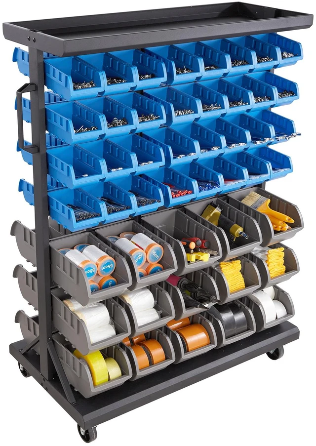Alt view image 9 of 9 - 7-Tier Double-Sided Rolling Bin Storage Rack, 94 Plastic Bins, Dual-Sided Parts Organizer with Wheels, Mobile Tool Organizer for Garage, Warehouse, Office, Restaurant, Classroom, Kitchen