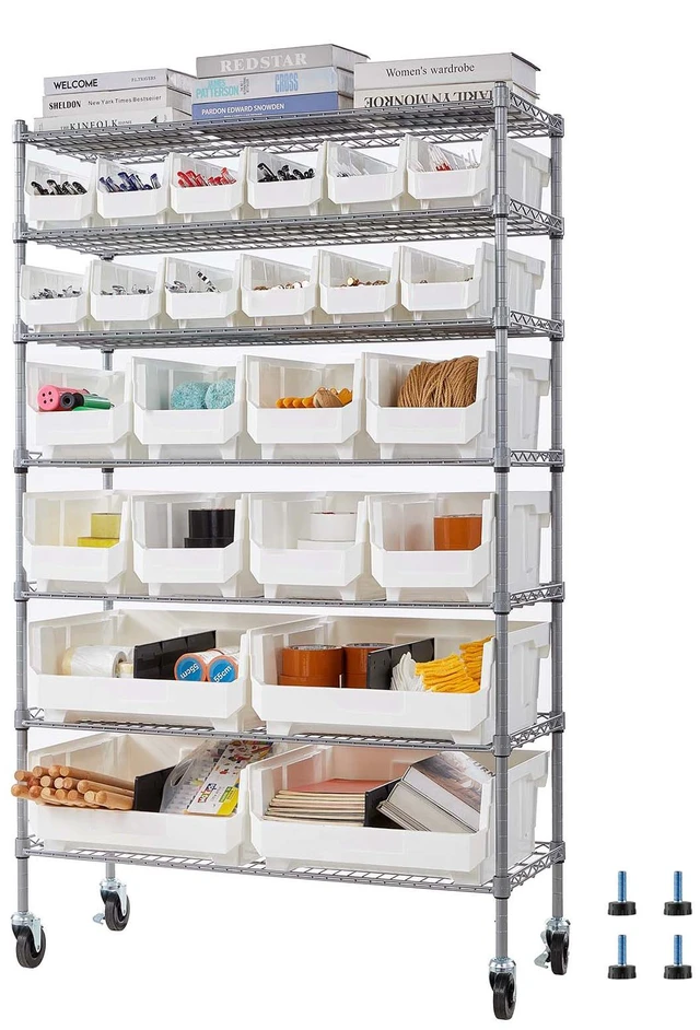 Alt view image 2 of 2 - Vevor 7-Tier Rolling Bin Storage Rack, 24 Organizer Bins, Bin Rack Storage Steel Wire Shelving System with Wheels, Mobile Tool Organizer for Garage, Warehouse, Office, Restaurant, Classroom, Kitchen