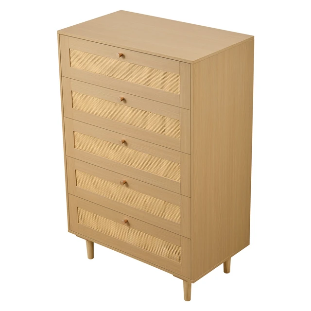 Alt view image 9 of 9 - 5 Drawer Rattan Dresser, Modern Closet Dresser for Bedroom, Natural Rattan Chest of Drawers with Metal Handles & Wooden Legs, Chest Clothing Organizer & Storage for Bedroom, Living Room, Hallway