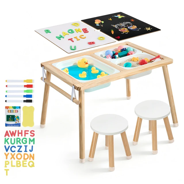 Alt view image 8 of 8 - VEVOR Sensory Table for Toddlers, Wooden Kids Activity Table with 2 Stools, Double-Sided Board, Storage Bins, and Non-Slip Feet, for Boys and Girls Playing Sand and Water, Drawing, Studying, Dining