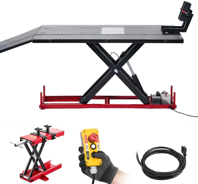 Main image of VEVOR Motorcycle Lift Table, 1500 lbs Capacity, Electric Hydraulic Pump with Scissor Lift Jack, Wheel Chock, 9.05"-41.73" Height, 78.3" x 50.4" Extra-Wide Heavy Duty Repair Stand for ATV, Dirt Bike