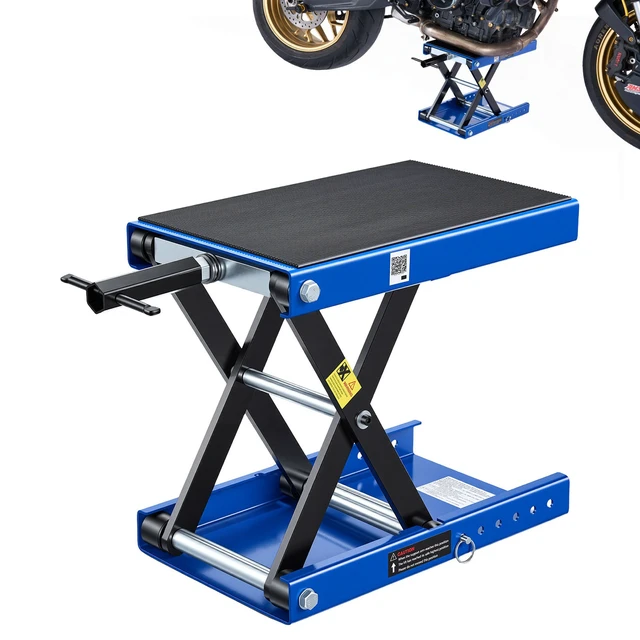 Alt view image 8 of 8 - VEVOR Motorcycle Lift, 1100 lbs Motorcycle Scissor Lift Jack with Wide Deck & Lock Pin, 3.74"-13.38" Center Hoist Crank Stand, Steel Scissor Jack for Street Bikes, Cruiser Bikes, Touring, Blue/Black
