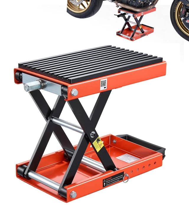 Alt view image 8 of 8 - VEVOR Motorcycle Lift, 1500 lbs Motorcycle Scissor Lift Jack with Wide Deck & Lock Pin, 4.13"-13.77" Center Hoist Crank Stand, Steel Scissor Jack for Street Bikes, Cruiser Bikes, Touring Motorcycles