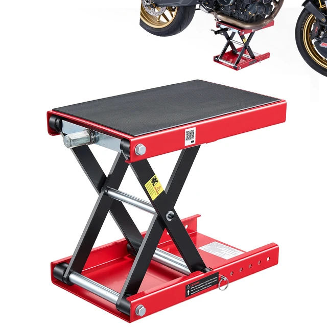 Alt view image 8 of 8 - VEVOR Motorcycle Lift, 1100 lbs Motorcycle Scissor Lift Jack with Wide Deck & Lock Pin, 3.74"-13.38" Center Hoist Crank Stand, Steel Scissor Jack for Street Bikes, Cruiser Bikes, Touring, Red/Black