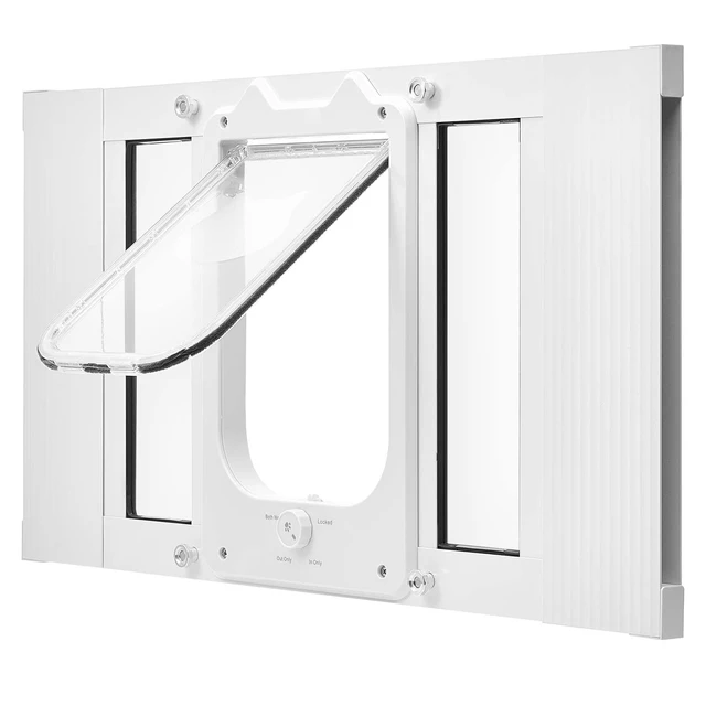 Alt view image 9 of 9 - Cat Door for Window, Adjustable to Fit Window Width 23"-28", 4 Secure Lock Modes, Aluminum Frame and High-Transparency Glass, Magnetic Closure, Weatherproof Quick-Fit Pet Door for Cats, White