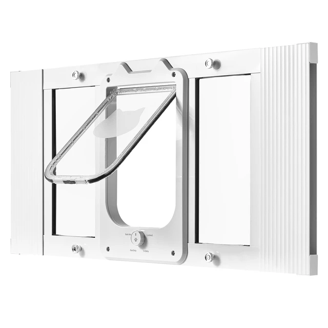 Alt view image 9 of 9 - Cat Door for Window, Adjustable to Fit Window Width 27"-32", 4 Secure Lock Modes, Aluminum Frame and High-Transparency Glass, Magnetic Closure, Weatherproof Quick-Fit Pet Door for Cats, White