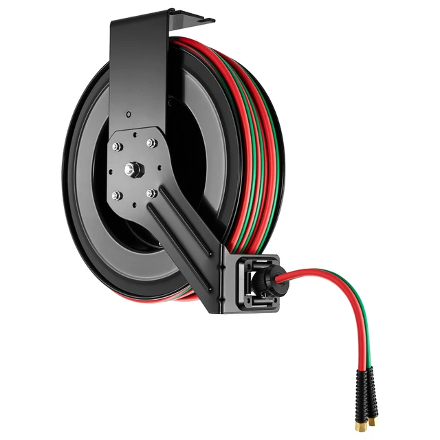 Alt view image 8 of 8 - VEVOR Retractable Welding Hose Reel, 1/4 Inch x 100FT Twin Oxygen Acetylene Rubber Hose Max 300PSI - R Grade, Ceiling/Wall Mount Heavy Duty Steel Hose Reel Auto-Rewind, Ideal for Workshops Garages
