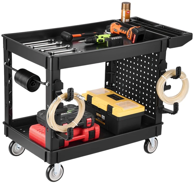 Alt view image 8 of 8 - VEVOR Utility Cart, 550 lbs Capacity, 2 Tier Service Cart with 360° Swivel & Fixed Wheels (2 with Brakes), Heavy Duty Plastic Rolling with Tray and Pegboard, Tool Storage for Garage Warehouse, Black
