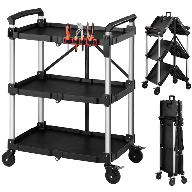 Alt view image 8 of 8 - VEVOR Utility Cart, 300 lbs Capacity, 3 Tier Folding Service Cart with 360° Swivel Wheels (2 with Brakes), Heavy Duty Rolling with Trays & Side Tool Holder, Tool Storage for Garage Warehouse Workshop