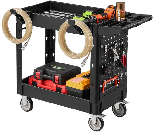Alt view image 8 of 8 - VEVOR Utility Cart, 550 lbs Capacity, 2 Tier Service Cart with 360° Swivel & Fixed Wheels (2 with Brakes), Heavy Duty Plastic Rolling with Tray and Pegboard, Tool Storage for Garage Warehouse Workshop