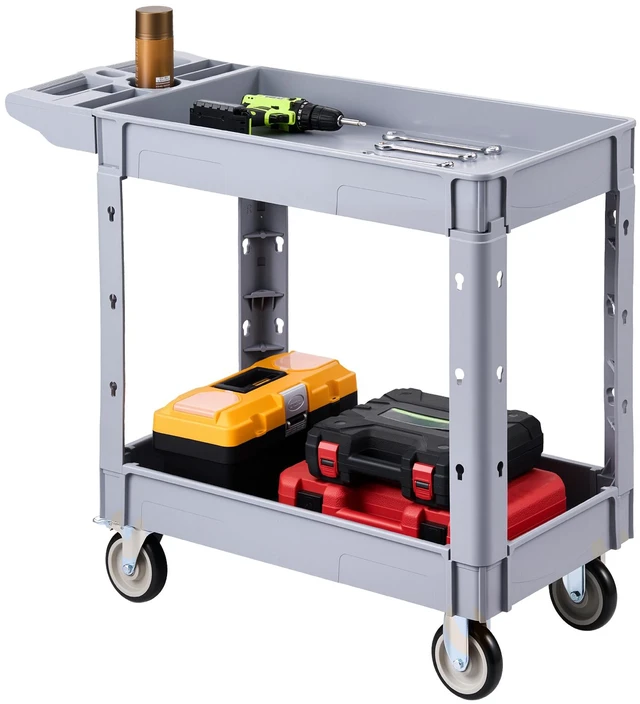 Main image of VEVOR Utility Cart, 550 lbs Capacity, 2 Tier Service Cart with 360° Swivel & Fixed Wheels (2 with Brakes), Heavy Duty Plastic Rolling with Storage Tray, Tool Storage for Garage Warehouse Workshop
