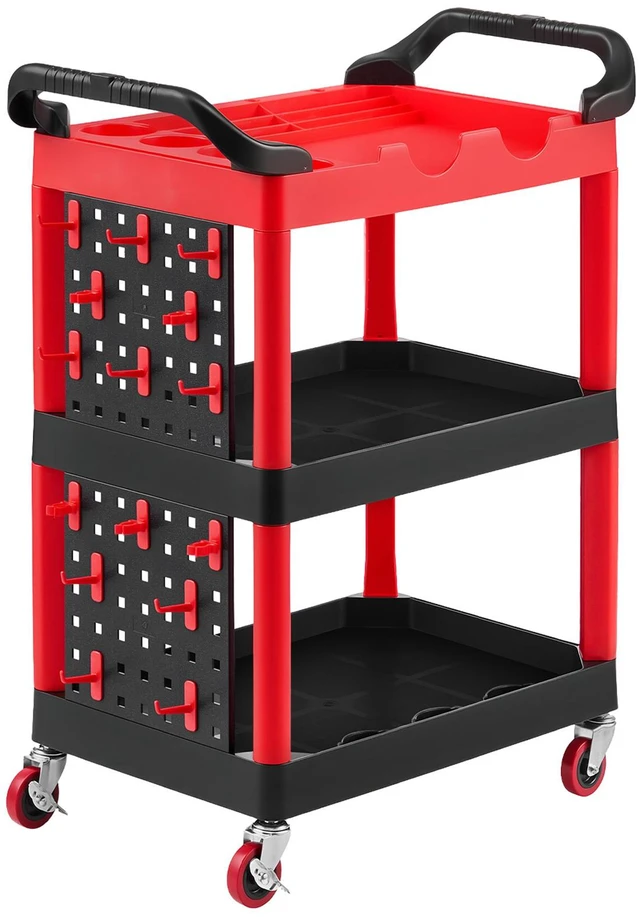 Alt view image 2 of 2 - VEVOR Utility Cart, 300 lbs Capacity, 3 Tier Service Cart with 360° Swivel Wheels (2 with Brakes), Heavy Duty Plastic Rolling with Trays and Pegboards, Tool Storage for Garage, Warehouse & Repair Shop