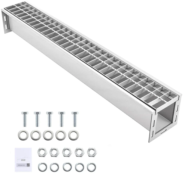 Main image of VEVOR Trench Drain, 39.3 x 5.8 x 5.5 in, Linear Drainage Channel with Galvanized Steel Grate, 304 Stainless Steel Channel Drain, Outdoor Drainage System for Driveway, Patio, Pool, Garden, Silver