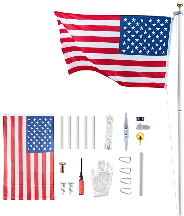 Main image of VEVOR Flag Pole, 25ft Heavy Duty Sectional Flagpole Kit for Outside House In Ground, Extra Thick Outdoor Aluminum Flagpole Kit with 3x5 American Flag for Yard, Residential or Commercial Use, Silver