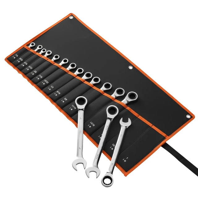 Alt view image 8 of 8 - VEVOR Combination Wrench Set, 16-Piece SAE Sizes, 72 Teeth, Cr-V Steel Ratcheting Wrench Set, with Roll Up Pouch, Open End, Clear Size Labels, for General Household and Automotive Repairs, Silver