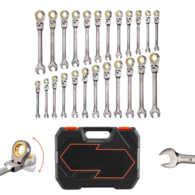 Alt view image 8 of 8 - VEVOR Flex-Head Ratcheting Wrench Set, 24-Piece SAE and Metric, 72 Teeth, Cr-V Steel Ratchet Flexible Combination Wrench Set with Storage Case, for General Household, Automotive Repairs, Gray Nickel