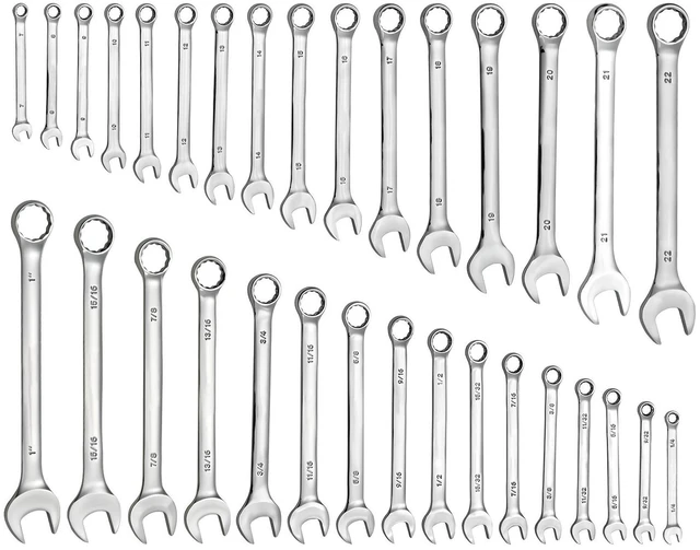 Main image of VEVOR Combination Wrench Set, 32-Piece SAE and Metric, 12-Point Box End and 15° Angled Open End Combination Wrenches with Roll Up Pouch, Carbon Steel, for General Household and Automotive Repairs