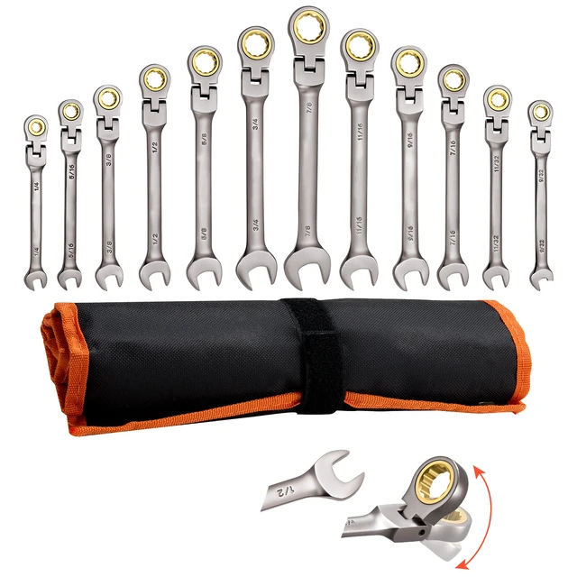 Alt view image 8 of 8 - VEVOR Flex-Head Ratcheting Wrench Set, 12-Piece SAE Sizes, 72 Teeth, Cr-V Steel Ratchet Flexible Combination Wrench Set with Roll Up Pouch, for General Household and Automotive Repairs, Gray Nickel