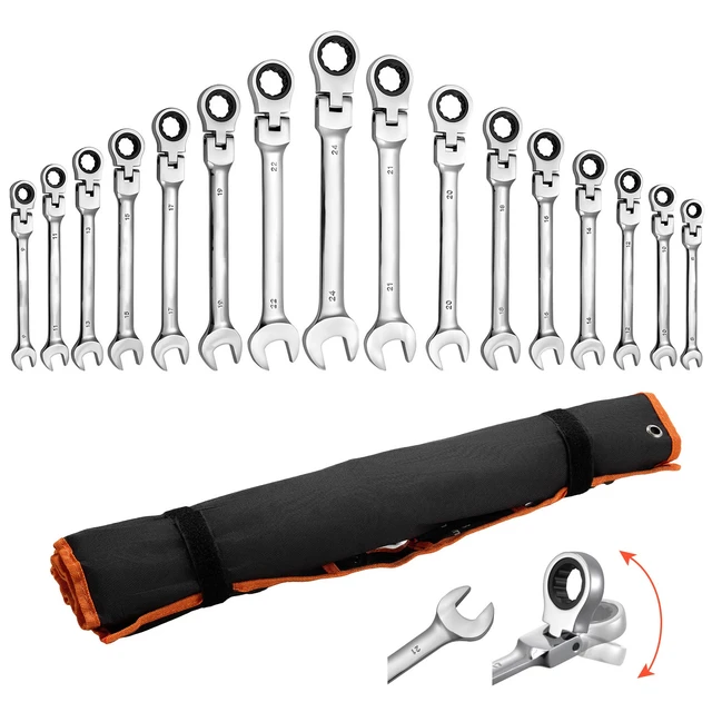 Alt view image 8 of 8 - VEVOR Flex-Head Ratcheting Wrench Set, 30-Piece SAE and Metric, 72 Teeth, Cr-V Steel Ratchet Flexible Combination Wrench Set with Roll Up Pouch, for General Household and Automotive Repairs, Silver