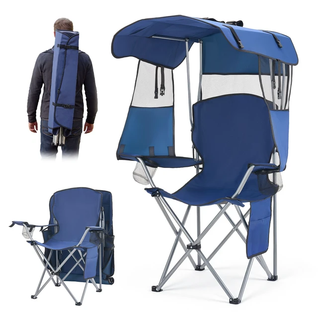 Alt view image 8 of 8 - VEVOR Camping Chair with Canopy Shade, Folding Beach Chair with Canopy & Magazine Pocket, 2 Cup Holders, 330 lbs Heavy Duty Support, Carry Bags for Outdoor, Camp, Fishing, Tailgates, Deep Blue