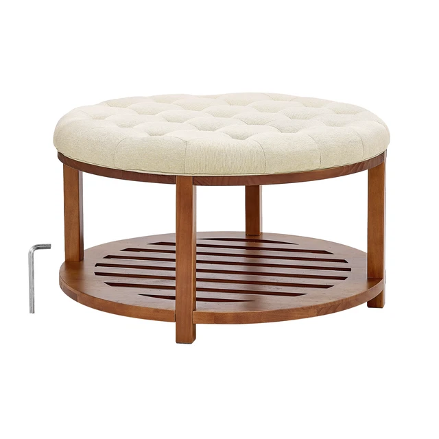 Alt view image 2 of 2 - Large Round Ottoman Coffee Table 31.9 Inch Upholstered Tufted Linen Ottoman