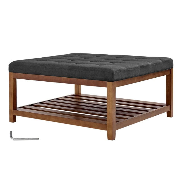 Alt view image 2 of 2 - Large Square Ottoman Coffee Table 400 LBS Upholstered Tufted Linen Ottoman