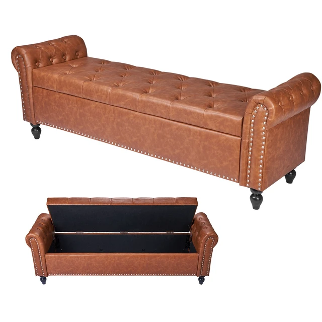Alt view image 2 of 2 - VEVOR Button-Tufted Storage Ottoman Bench Rolled Arm PU Leather Wood Legs Brown