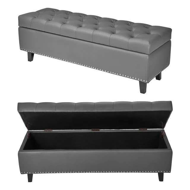 Alt view image 2 of 2 - VEVOR Button-Tufted Storage Ottoman Bench PU Leather Bench with Wood Legs Gray