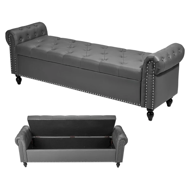 Alt view image 2 of 2 - VEVOR Button-Tufted Storage Ottoman Bench Rolled Arm PU Leather Wood Legs Gray
