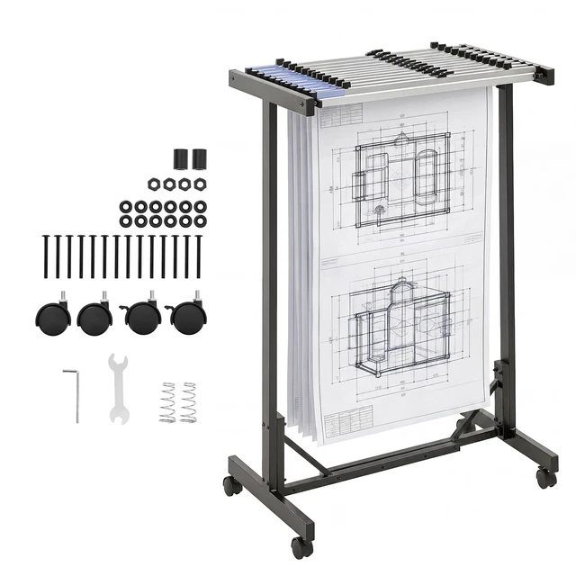 Alt view image 8 of 8 - VEVOR Blueprint Storage Rack, Steel, Mobile Adjustable Blueprint Holder with 12 Pack of 30 Inch Aluminum Clamps, Wheels, Display Rack Storage Organizer Stand, for File Display Plan Poster Office Home