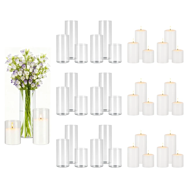 Alt view image 8 of 8 - VEVOR Pillar Candles and Glass Vases Set 36 Pcs, Clear Cylinder Hurricane Candle Holders for Wedding Centerpieces, Tall Vase for Table Decor, Wedding Party, Thanksgiving, White (3.4" x 4.7",7.1",9.8")