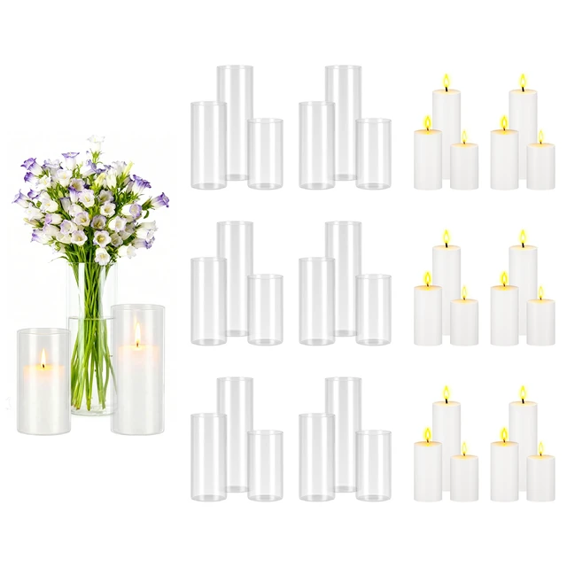 Alt view image 8 of 8 - VEVOR Pillar Candles and Glass Vases Set 36 Pcs, Clear Cylinder Hurricane Candle Holders for Wedding Centerpieces, Tall Vase for Table Decor, Wedding Party, Thanksgiving,White (2.56" x 4.7",5.9",7.9")