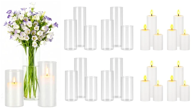 Alt view image 2 of 2 - Vevor Pillar Candles and Glass Vases Set 24 Pcs, Clear Cylinder Hurricane Candle Holders for Wedding Centerpieces, Tall Vase for Table Decor, Wedding Party, Thanksgiving,White (2.56" x 4.7",5.9",7.9")