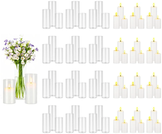 Main image of VEVOR Pillar Candles and Glass Vases Set 72 Pcs, Clear Cylinder Hurricane Candle Holders for Wedding Centerpieces, Tall Vase for Table Decor, Wedding Party, Thanksgiving,White (2.56" x 4.7",5.9",7.9")