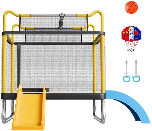 Main image of VEVOR Trampoline for Kids, Toddler Mini Trampoline, 132 lbs Capacity Indoor Outdoor Play Toys with Enclosure Net, Slide, and Ring, Easy to Assemble, Christmas Toys Birthday Gifts for Girls Boys