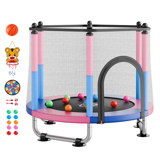 Alt view image 8 of 8 - VEVOR 55" Trampoline for Kids, 4.6 FT Toddler Mini Trampoline, 132 lbs Capacity Indoor Outdoor Play Toys with Enclosure Net, Swing, and Basketball Hoop, Christmas Toys Birthday Gifts for Girls Boys