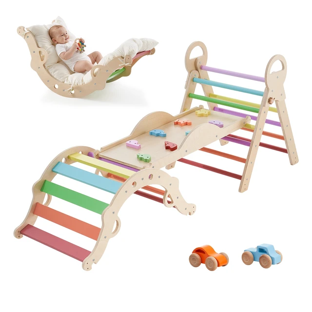 Alt view image 8 of 8 - VEVOR Pikler Triangle Set, 9-in-1 Toddler Climbing Toys Indoor, with 2 Wooden Cars, Cushion, Triangle, Arch, and Ramp, 150 lbs Load, Foldable Montessori Climbing Set for Toddlers and Kids, Rainbow