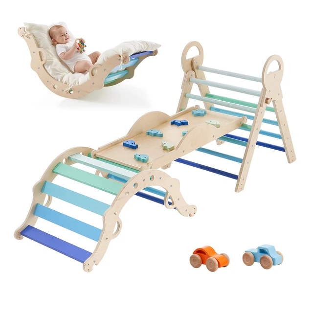 Alt view image 8 of 8 - VEVOR Pikler Triangle Set, 9-in-1 Toddler Climbing Toys Indoor, with 2 Wooden Cars, Cushion, Triangle, Arch, and Ramp, 150 lbs Load, Foldable Montessori Climbing Set for Toddlers and Kids, Blue