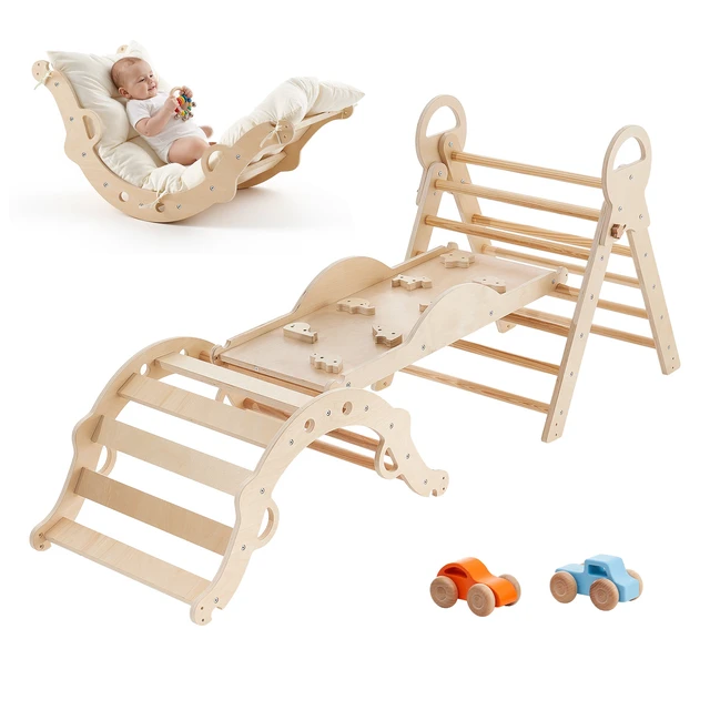 Alt view image 8 of 8 - VEVOR Pikler Triangle Set, 9-in-1 Toddler Climbing Toys Indoor, with 2 Wooden Cars, Cushion, Triangle, Arch, and Ramp, 150 lbs Load, Foldable Montessori Climbing Set for Toddlers and Kids, Wood Color