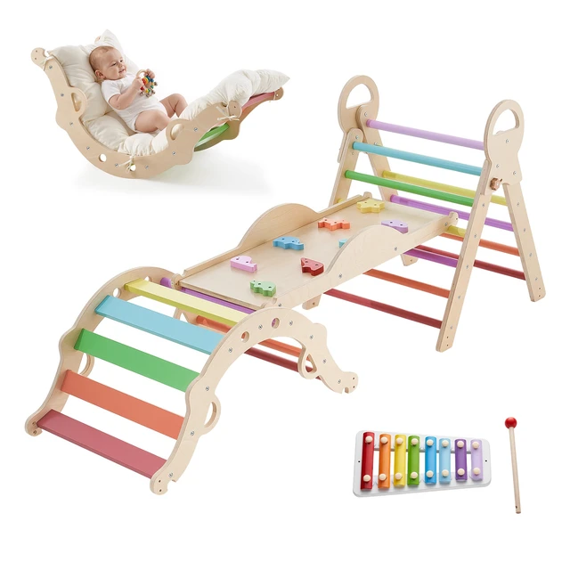 Alt view image 8 of 8 - VEVOR Pikler Triangle Set, 9-in-1 Toddler Climbing Toys Indoor, with Xylophone, Cushion, Triangle, Arch, and Ramp, 150 lbs Load, Foldable Montessori Climbing Set for Toddlers and Kids, Rainbow