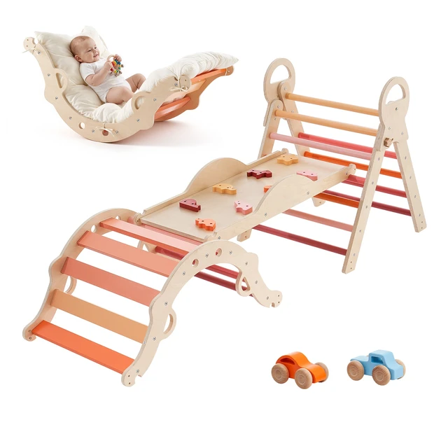 Alt view image 8 of 8 - VEVOR Pikler Triangle Set, 9-in-1 Toddler Climbing Toys Indoor, with 2 Wooden Cars, Cushion, Triangle, Arch, and Ramp, 150 lbs Load, Foldable Montessori Climbing Set for Toddlers and Kids, Orange